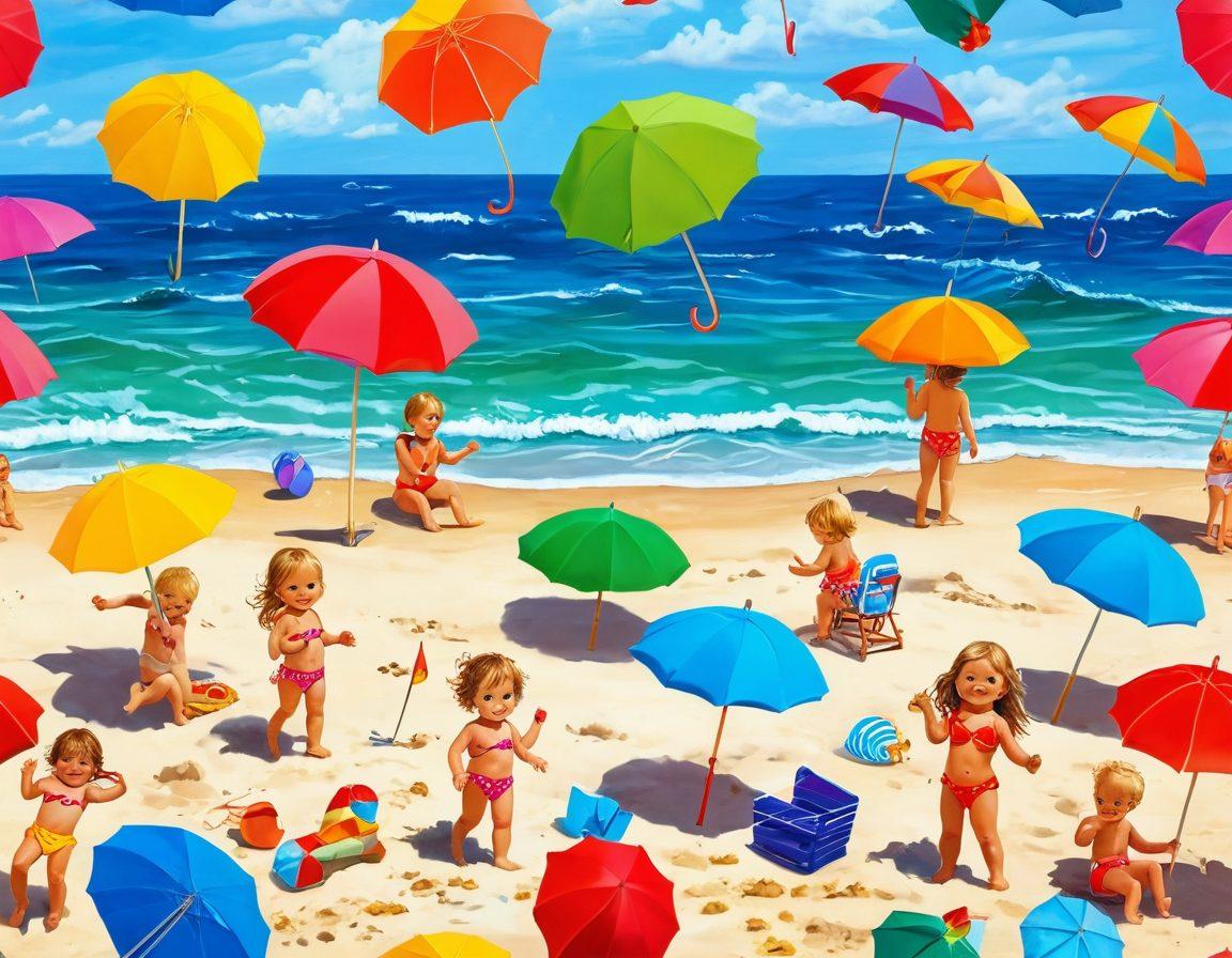 A cheerful beach scene featuring toddlers wearing adorable miniature bikinis, splashing in the waves and building sandcastles. Bright beach umbrellas and colorful beach toys surround them, capturing the essence of summer fun. The sun shines brightly, enhancing the vibrant colors of the swimsuits and the ocean. Playful seagulls frolic in the sky above, adding an element of whimsy. super-realistic. vibrant colors.