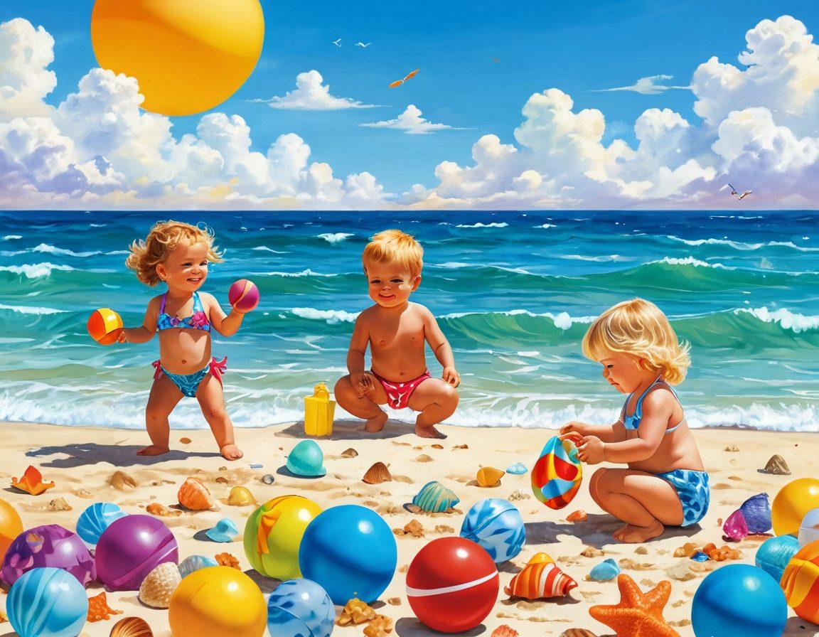 A sunlit beach scene featuring adorable toddlers wearing colorful miniature bikinis, playing with beach toys and building sandcastles. Delicate seashells and playful beach balls scatter around, while a bright blue ocean waves gently in the background. Add fluffy white clouds and a dazzling sun illuminating their joyful expressions. playful and vibrant illustration. summer theme. bright colors.