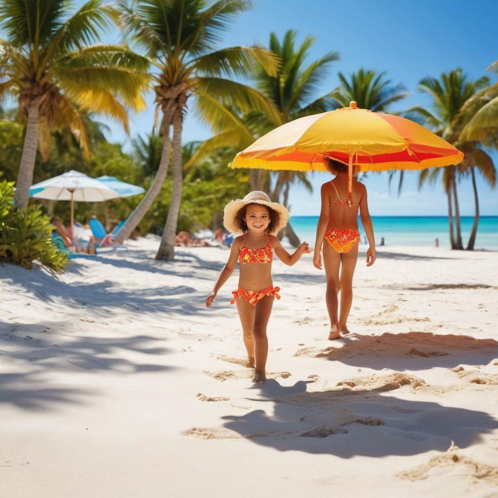 A sunny beach scene filled with joyful children playing in vibrant swimwear, showcasing a variety of styles and colors - from one-pieces to swim trunks - while building sandcastles and splashing in the ocean. Bright beach umbrellas and tropical palm trees surround them, creating a festive and carefree atmosphere. The sky is clear blue, and the sun shines brightly, adding warmth to the scene. Capture the essence of summer fun and resort-ready fashion. super-realistic. vibrant colors. white background.